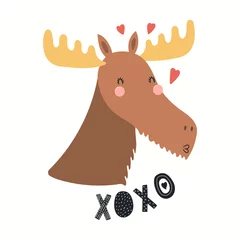 Zelfklevend Fotobehang Hand drawn Valentines day card with cute funny moose, hearts, text XOXO. Isolated objects on white background. Vector illustration. Scandinavian style flat design. Concept for children print. © Maria Skrigan