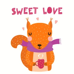 Foto op Plexiglas Hand getekende Valentijnsdag kaart met leuke grappige eekhoorn, harten, tekst Sweet love. Geïsoleerde objecten op een witte achtergrond. Vector illustratie. Scandinavische stijl plat ontwerp. Concept voor kinderen afdrukken. © Maria Skrigan