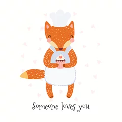 Foto op Canvas Hand drawn Valentines day card with cute funny fox holding cupcake, text. Isolated objects on white background. Vector illustration. Scandinavian style flat design. Concept for children print. © Maria Skrigan