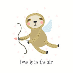 Hand drawn Valentines day card with cute funny sloth Cupid, text Love is in the air. Isolated objects on white background. Vector illustration. Scandinavian style flat design. Concept children print.