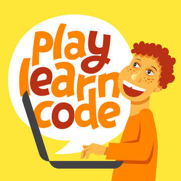 A vector image with a boy coding and a lettering Play learn code. A children coding theme text with the programming languages and a boy kid coding