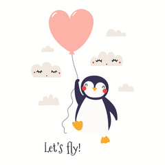 Hand drawn Valentines day card with cute funny penguin flying on a balloon, text Lets fly. Isolated objects on white background. Vector illustration. Scandinavian style flat design. Concept kids print