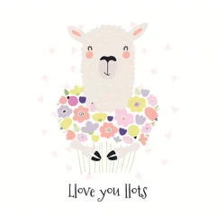 Foto op Plexiglas Hand drawn Valentines day card with cute funny llama holding flowers, text Llove you llots. Isolated objects on white . Vector illustration. Scandinavian style flat design. Concept for children print. © Maria Skrigan