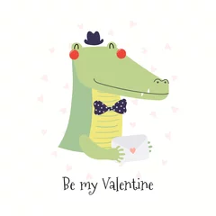 Washable wall murals Illustrations Hand drawn card with cute funny crocodile holding love letter, text Be my Valentine. Isolated objects on white background. Vector illustration. Scandinavian style flat design. Concept children print.