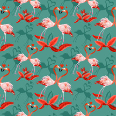 Vector seamless tropical pattern, Two flamingos in love and tropical palm leaves, plants, bird of paradise. Romantic Valentine's Day template. Pattern trend design.