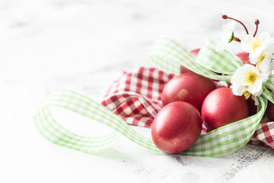 Easter background with red egg with flowers - Powered by Adobe