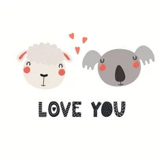 Gordijnen Hand drawn Valentines day card with cute funny sheep, koala, hearts, text Love you. Isolated objects on white background. Vector illustration. Scandinavian style flat design. Concept children print. © Maria Skrigan
