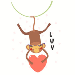 Hand drawn Valentines day card with cute funny monkey holding heart, text Luv. Isolated objects on white background. Vector illustration. Scandinavian style flat design. Concept for children print.