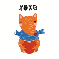 Fotobehang Hand drawn Valentines day card with cute funny fox holding heart, text XOXO. Isolated objects on white background. Vector illustration. Scandinavian style flat design. Concept for children print. © Maria Skrigan