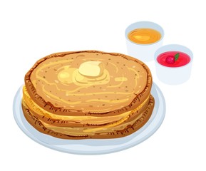 Fried pancakes, blini or crepes lying on plate with butter, jam and honey isolated on white background