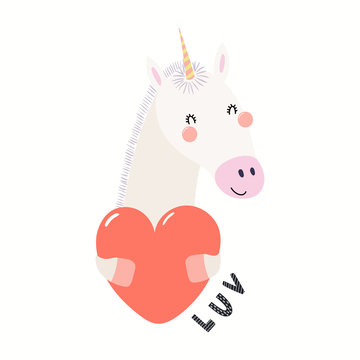 Hand drawn Valentines day card with cute funny unicorn holding heart, text Luv. Isolated objects on white background. Vector illustration. Scandinavian style flat design. Concept for children print.