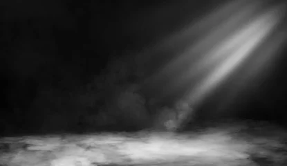 Zelfklevend Fotobehang Droogijs rook wolken mist vloer textuur. . Perfect spotlight mist effect op geïsoleerde zwarte achtergrond. © Victor