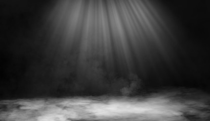 Dry ice smoke clouds fog floor texture. . Perfect spotlight mist effect on isolated black background.
