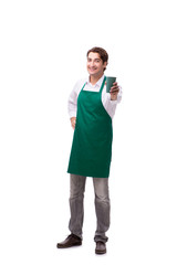 Young barista isolated on white background