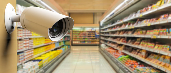 Security Camera CCTV on blur supermarket background. 3d illustration