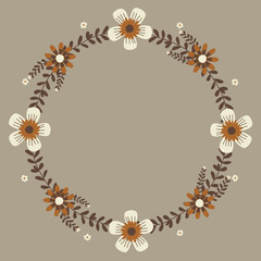 Floral greeting card and invitation template for wedding or birthday anniversary, Vector circle shape of text box label and frame, Autumn flowers wreath ivy style with branch and leaves.