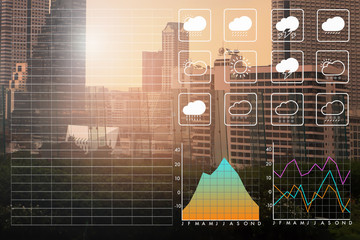 Dust from pollution environment problem in big city cause bad for health. with climate symbol chart and graph background.