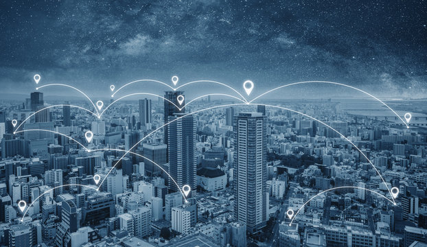 Network connection technology in the city, Blue cityspace with network links and location signs