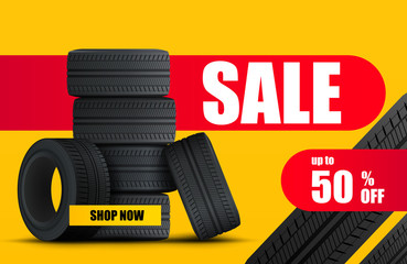 Tire car sale banner. Car wheels and tires sale poster. Vector 