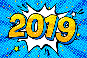 New Year greating card. Yellow numbers 2019 in word bubble.