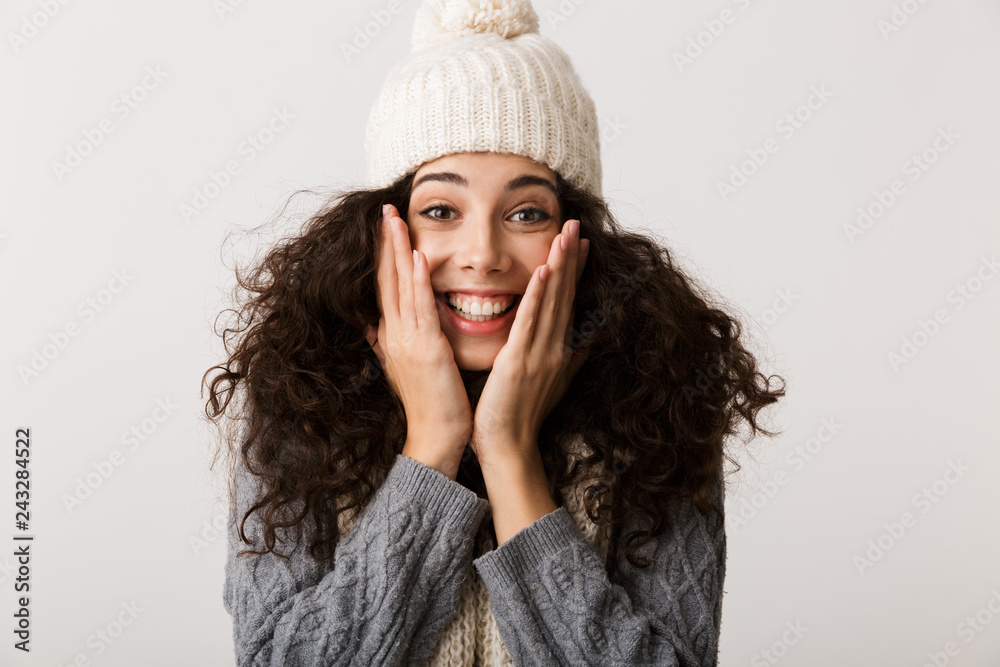 Sticker Happy young woman wearing winter clothes