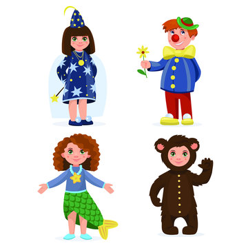 Children dressed in carnival costumes of a Wizard,  Clown, Fairy,  Mermaid and a Bear.