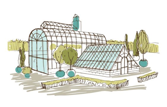 Freehand drawing of pavilion or greenhouse surrounded by bushes and trees growing in pots. Sketch of glass facade of orangery or botanical garden. Hand drawn vector illustration in vintage style.