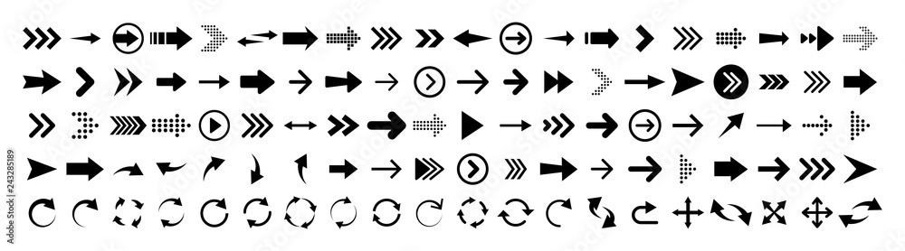 Wall mural arrows set of 100 black icons. arrow icon. arrow vector collection. arrow. cursor. modern simple arr