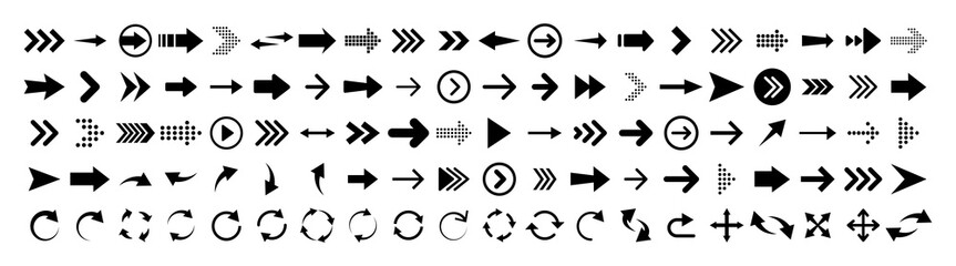 Fototapeta Arrows set of 100 black icons. Arrow icon. Arrow vector collection. Arrow. Cursor. Modern simple arrows. Vector illustration. obraz