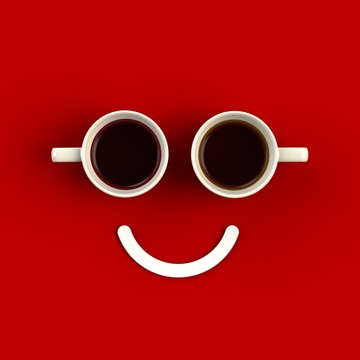 Top view of a cup of coffee in the form of smile isolated on red background, Coffee concept illustration, 3d rendering