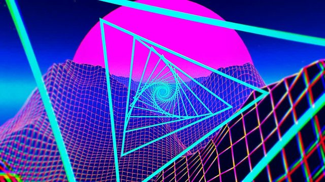 Retrofuturistic synthwave background Neon Landscape. Pink Sunset And Pyramids.