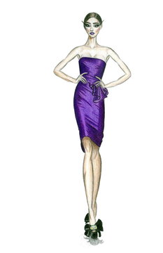 Fashion Illustration From A Show Of A Model In Short Purple Dress