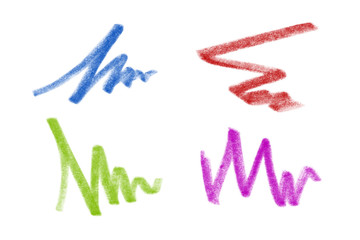 Collection of colorful grunge graphite pencil textures, isolated on white background