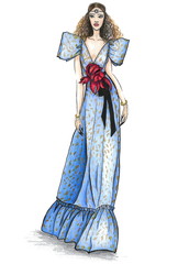 Girl in floral blue dress fashion illustration from show
