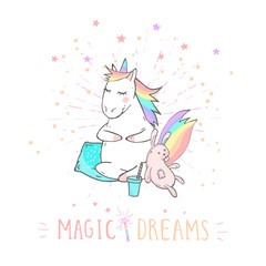 Vector illustration of hand drawn cute unicorn with bunny toy, coffee and text - MAGIC DREAMS on withe background.