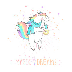 Vector illustration of hand drawn cute unicorn in scarf with donut, coffee and text - MAGIC DREAMS on withe background.
