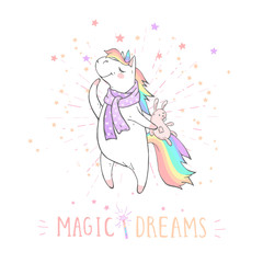 Vector illustration of hand drawn cute unicorn in scarf with bunny toy and text - MAGIC DREAMS on withe background.