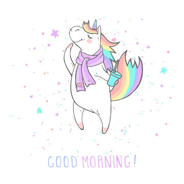 Vector illustration of hand drawn cute unicorn in scarf with coffee and text - GOOD MORNING on withe background.