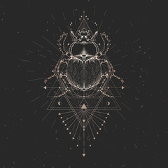 Vector illustration with hand drawn scarab and Sacred geometric symbol on black vintage background and insect. Abstract mystic sign. 