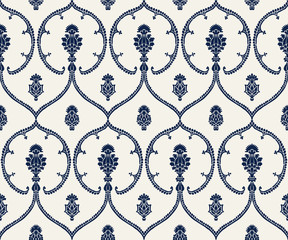 Seamless indigo dye woodblock printed ethnic pattern. Traditional European damask motif with geometric florals, navy blue on ecru background. Textile or wallpaper print. - 243285947