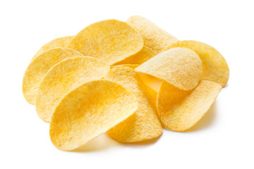 Delicious potato chips, isolated on white background