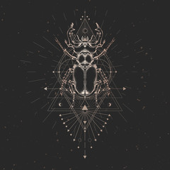 Vector illustration with hand drawn stag beetle and Sacred geometric symbol on black vintage background. Abstract mystic sign. 