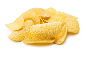 Delicious potato chips, isolated on white background