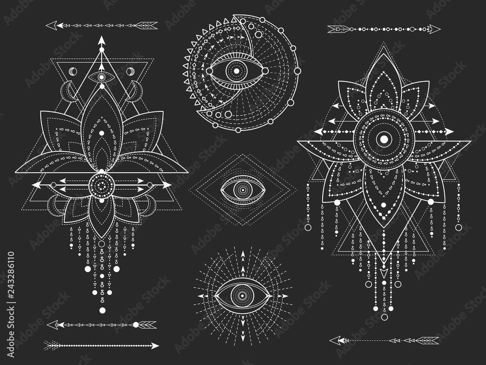 Wall mural vector kit of sacred geometric and natural symbols on black background. abstract mystic signs collec