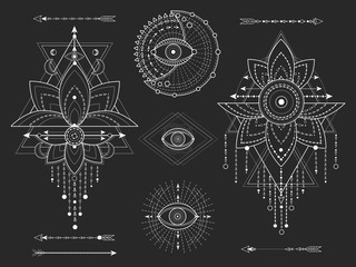 Vector kit of Sacred geometric and natural symbols on black background. Abstract mystic signs collection. White linear shapes. For you design or modern magic craft.