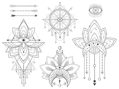 Vector set of Sacred geometric and natural symbols on white background. Abstract mystic signs collection. Black linear shapes. For you design or modern magic craft.