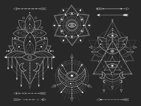 Vector kit of Sacred geometric and natural symbols on black background. Abstract mystic signs collection. White linear shapes. For you design or modern magic craft.