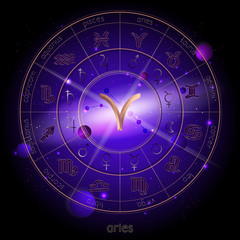Vector illustration of sign and constellation ARIES and Horoscope circle with astrology pictograms against the space background.