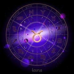 Vector illustration of sign and constellation TAURUS and Horoscope circle with astrology pictograms against the space background.