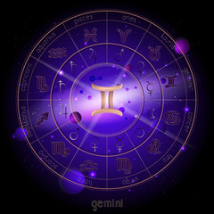 Vector illustration of sign and constellation GEMINI and Horoscope circle with astrology pictograms against the space background.